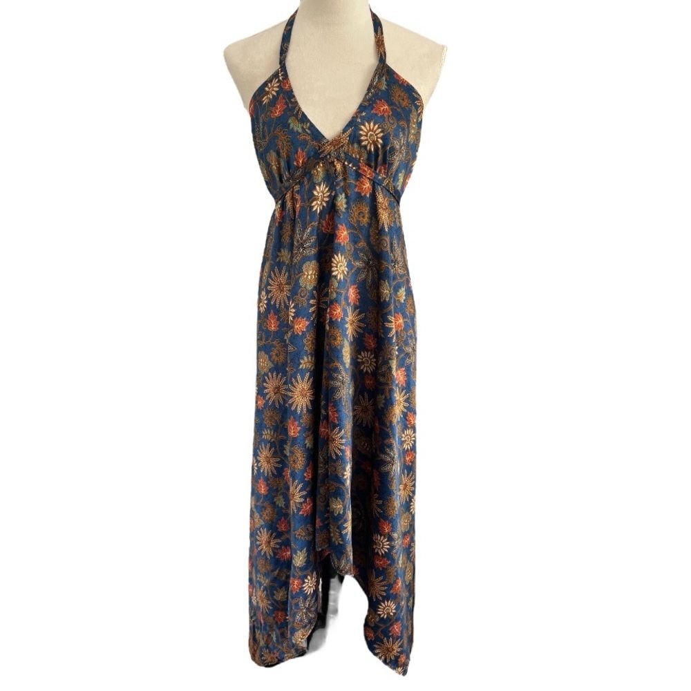 Backless Halter Maxi Dress in Dark Blue Floral